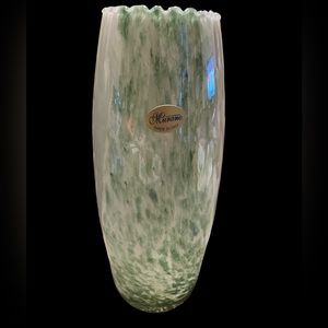 Green & White Speckled Murano Tall Vase 10 inches Tall 3 inches Wide At Top